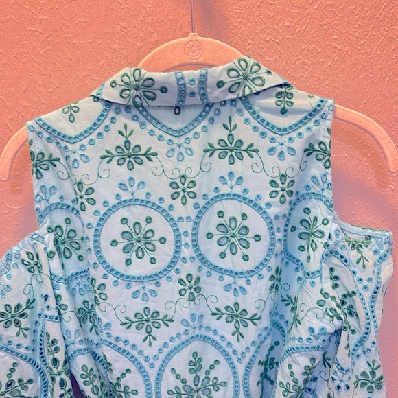 Boston Proper Blue Green Eyelet Dress Balloon Sleeve Women’s Size Small - Picture 9 of 11